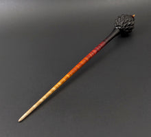 Load image into Gallery viewer, Dragon egg bead spindle in African blackwood and hand dyed curly maple