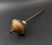 Load image into Gallery viewer, Mushroom drop spindle in yew, curly maple, and walnut