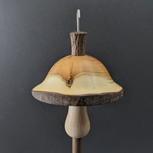 Load image into Gallery viewer, Mushroom drop spindle in yew, curly maple, and walnut