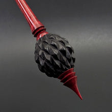 Load image into Gallery viewer, Dragon egg bead spindle in African blackwood and hand dyed curly maple (<font color="red"<b>RESERVED</b></font> for Melody)