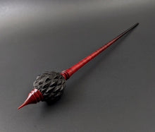 Load image into Gallery viewer, Dragon egg bead spindle in African blackwood and hand dyed curly maple (<font color="red"<b>RESERVED</b></font> for Melody)