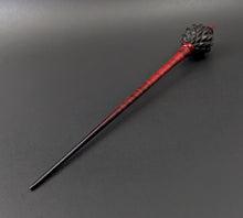Load image into Gallery viewer, Dragon egg bead spindle in African blackwood and hand dyed curly maple (<font color="red"<b>RESERVED</b></font> for Melody)