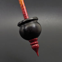 Load image into Gallery viewer, Cauldron spindle in African blackwood and hand dyed curly maple
