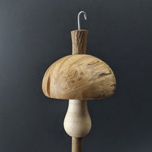 Load image into Gallery viewer, Mushroom drop spindle in maple burl, curly maple, and walnut