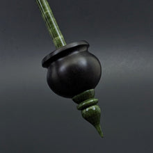Load image into Gallery viewer, Cauldron spindle in African blackwood and hand dyed curly maple