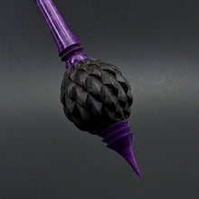Load image into Gallery viewer, Dragon egg bead spindle in African blackwood and hand dyed curly maple