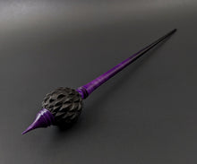 Load image into Gallery viewer, Dragon egg bead spindle in African blackwood and hand dyed curly maple