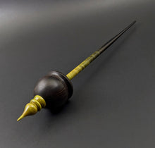 Load image into Gallery viewer, Cauldron spindle in African blackwood and hand dyed curly maple