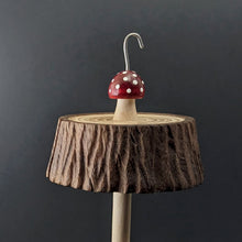 Load image into Gallery viewer, Toadstool stump drop spindle in walnut and curly maple