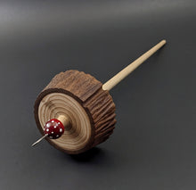 Load image into Gallery viewer, Toadstool stump drop spindle in walnut and curly maple