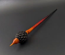 Load image into Gallery viewer, Dragon egg bead spindle in African blackwood and hand dyed curly maple