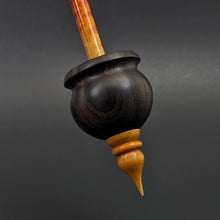 Load image into Gallery viewer, Cauldron spindle in African blackwood and hand dyed curly maple