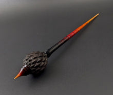 Load image into Gallery viewer, Dragon egg bead spindle in African blackwood and hand dyed curly maple