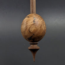 Load image into Gallery viewer, Egg bead spindle in eucalyptus burl and walnut with turquoise inlay