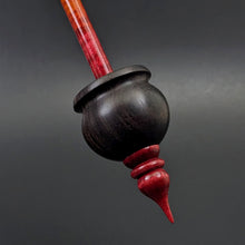Load image into Gallery viewer, Cauldron spindle in African blackwood and hand dyed curly maple