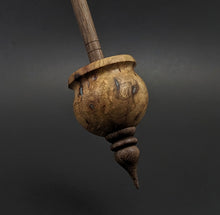 Load image into Gallery viewer, Cauldron spindle in redbud burl and walnut with turquoise inlay