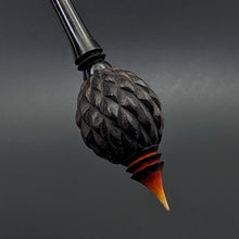 Load image into Gallery viewer, Dragon egg bead spindle in African blackwood and hand dyed curly maple (<font color="red"<b>RESERVED</b></font> for Lisa)