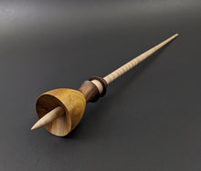 Load image into Gallery viewer, Tiny dancer spindle in canarywood, Bolivian rosewood, and curly maple