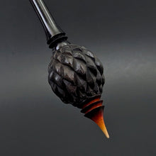 Load image into Gallery viewer, Dragon egg bead spindle in African blackwood and hand dyed curly maple