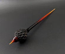 Load image into Gallery viewer, Dragon egg bead spindle in African blackwood and hand dyed curly maple