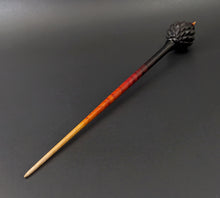 Load image into Gallery viewer, Dragon egg bead spindle in African blackwood and hand dyed curly maple