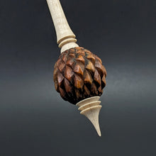 Load image into Gallery viewer, Dragon egg bead spindle in cocobolo and curly maple (<font color="red"<b>RESERVED</b></font> for Kris)