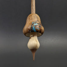Load image into Gallery viewer, Mushroom support spindle in redbud burl, holly, and walnut with turquoise inlay