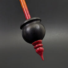 Load image into Gallery viewer, Cauldron spindle in African blackwood and hand dyed curly maple