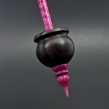 Load image into Gallery viewer, Cauldron spindle in African blackwood and hand dyed curly maple