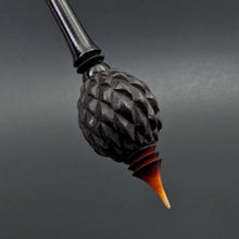 Load image into Gallery viewer, Dragon egg bead spindle in African blackwood and hand dyed curly maple