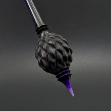 Load image into Gallery viewer, Dragon egg bead spindle in African blackwood and hand dyed curly maple