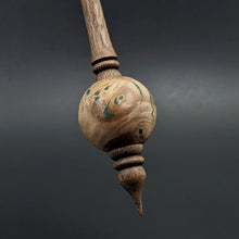 Load image into Gallery viewer, Bead spindle in maple burl and walnut with malachite inlay