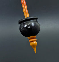 Load image into Gallery viewer, Cauldron spindle in African blackwood and hand dyed curly maple