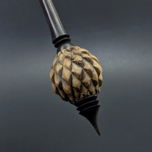 Load image into Gallery viewer, Dragon egg bead spindle in hopea burl and ebonized walnut