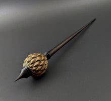 Load image into Gallery viewer, Dragon egg bead spindle in hopea burl and ebonized walnut