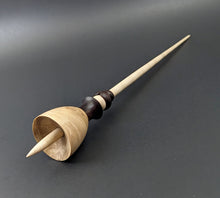 Load image into Gallery viewer, Tiny dancer spindle in maple burl, East Indian rosewood, and curly maple