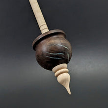 Load image into Gallery viewer, Cauldron spindle in walnut burl and curly maple with turquoise inlay
