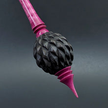 Load image into Gallery viewer, Dragon egg bead spindle in African blackwood and hand dyed curly maple