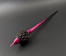 Load image into Gallery viewer, Dragon egg bead spindle in African blackwood and hand dyed curly maple