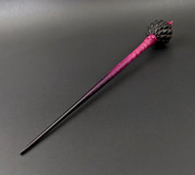 Load image into Gallery viewer, Dragon egg bead spindle in African blackwood and hand dyed curly maple