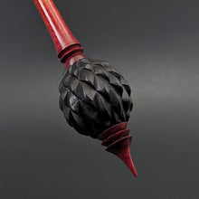Load image into Gallery viewer, Dragon egg bead spindle in African blackwood and hand dyed curly maple