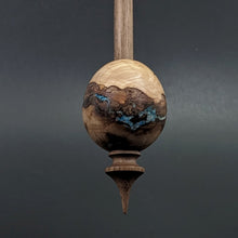 Load image into Gallery viewer, Egg bead spindle in maple burl and walnut with turquoise inlay (<font color="red"<b>RESERVED</b></font> for Sarah)
