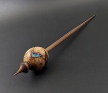 Load image into Gallery viewer, Egg bead spindle in maple burl and walnut with turquoise inlay (<font color="red"<b>RESERVED</b></font> for Sarah)