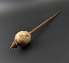 Load image into Gallery viewer, Egg bead spindle in maple burl and walnut with turquoise inlay