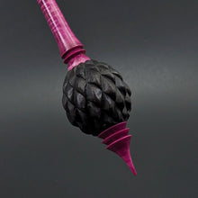 Load image into Gallery viewer, Dragon egg bead spindle in African blackwood and hand dyed curly maple