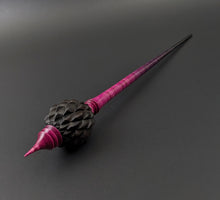 Load image into Gallery viewer, Dragon egg bead spindle in African blackwood and hand dyed curly maple