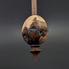 Load image into Gallery viewer, Egg bead spindle in maple burl and walnut with turquoise inlay