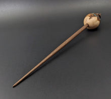 Load image into Gallery viewer, Egg bead spindle in maple burl and walnut with turquoise inlay