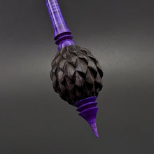 Load image into Gallery viewer, Dragon egg bead spindle in African blackwood and hand dyed curly maple