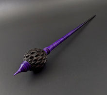 Load image into Gallery viewer, Dragon egg bead spindle in African blackwood and hand dyed curly maple